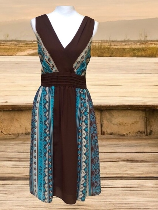 Sandra Darren Floral Brown & Aqua Boho Sleeveless V Neck Cocktail Party Dress 12 - Picture 2 of 16